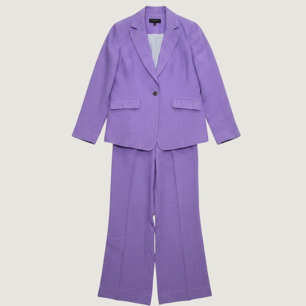 Talbots Petite Purple Classic 100% Linen Blazer and Wide Leg Pant Suit Set 4P